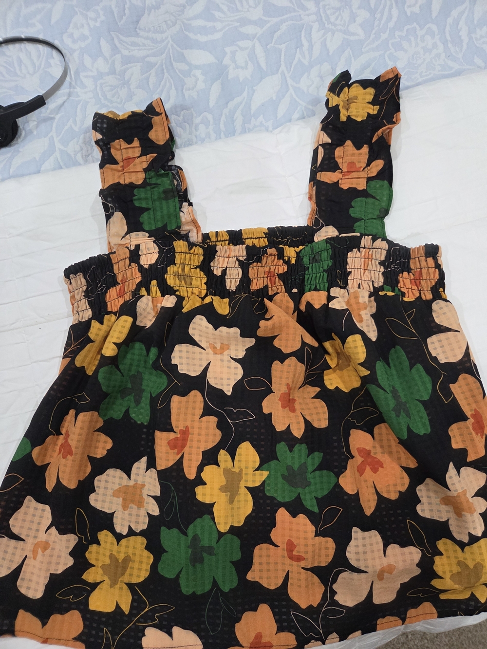 Black Floral Summer Top with Green & Yellow Flowers